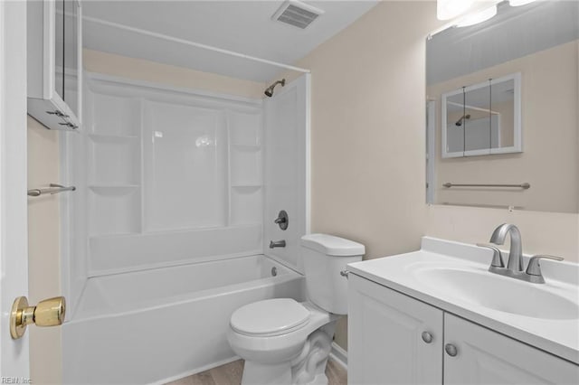 full bathroom with shower / tub combination, toilet, vanity, and hardwood / wood-style flooring