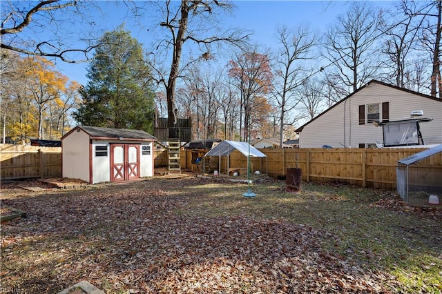 view of yard featuring a shed