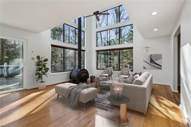 living room featuring plenty of natural light, light hardwood / wood-style floors, and a wood stove