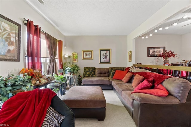 carpeted living room featuring a textured ceiling