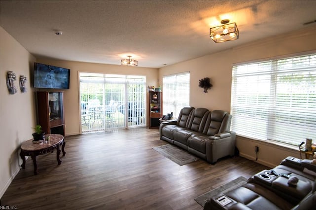 living room featuring a textured ceiling and dark wood-type flooring