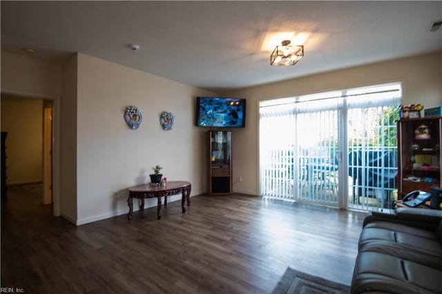 living room with dark wood-type flooring