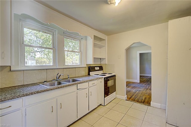 kitchen featuring tasteful backsplash, electric stove, white cabinetry, and sink