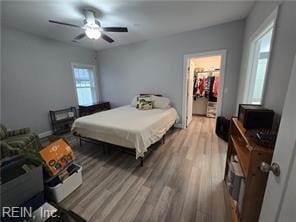 bedroom featuring ceiling fan, light hardwood / wood-style floors, a walk in closet, and a closet