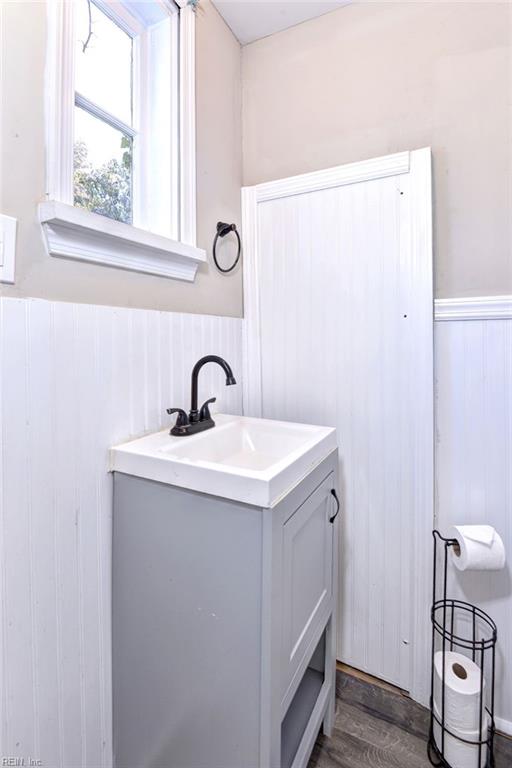 bathroom with hardwood / wood-style floors and vanity