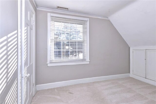 additional living space with light colored carpet and vaulted ceiling