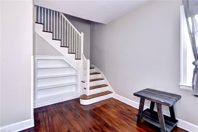 stairway with hardwood / wood-style floors