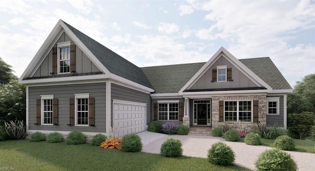 craftsman inspired home featuring a front lawn and a garage