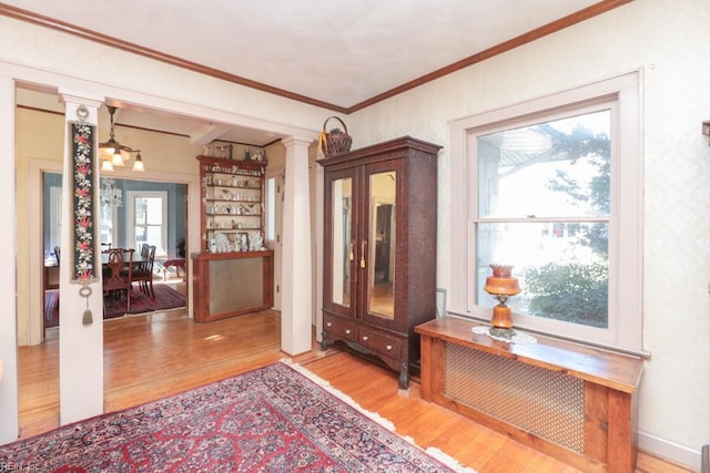 interior space featuring light wood-type flooring, ornate columns, and ornamental molding