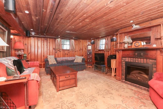 living room featuring a brick fireplace, wooden ceiling, and wood walls