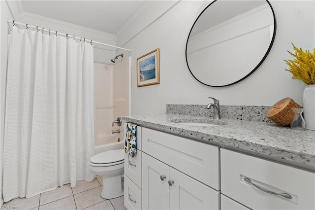 full bathroom featuring vanity, shower / bath combo with shower curtain, crown molding, tile patterned flooring, and toilet