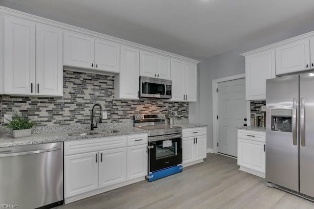 kitchen with backsplash, white cabinets, sink, light wood-type flooring, and appliances with stainless steel finishes