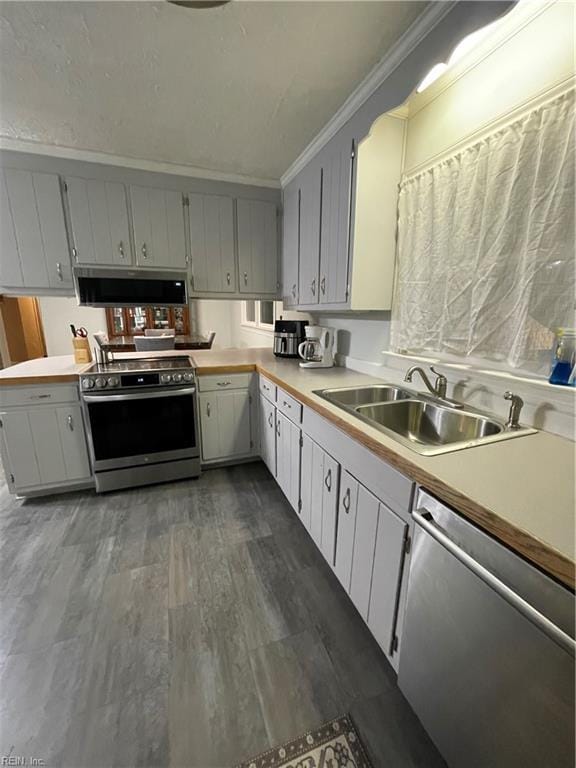 kitchen featuring sink, dark hardwood / wood-style floors, crown molding, exhaust hood, and appliances with stainless steel finishes