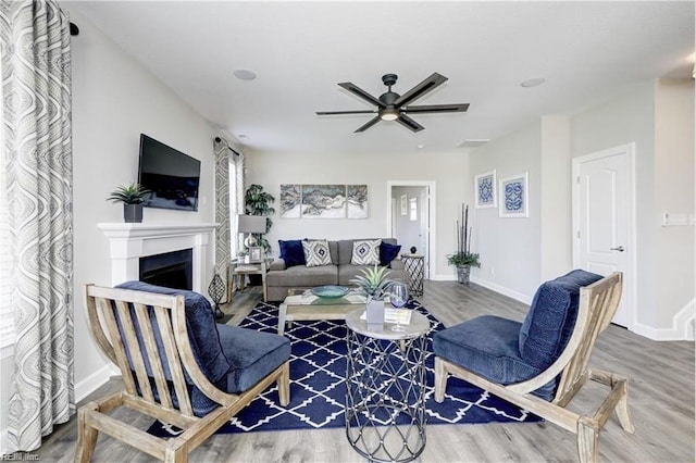 living room with wood-type flooring and ceiling fan