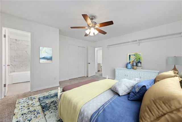 bedroom featuring ceiling fan and light carpet