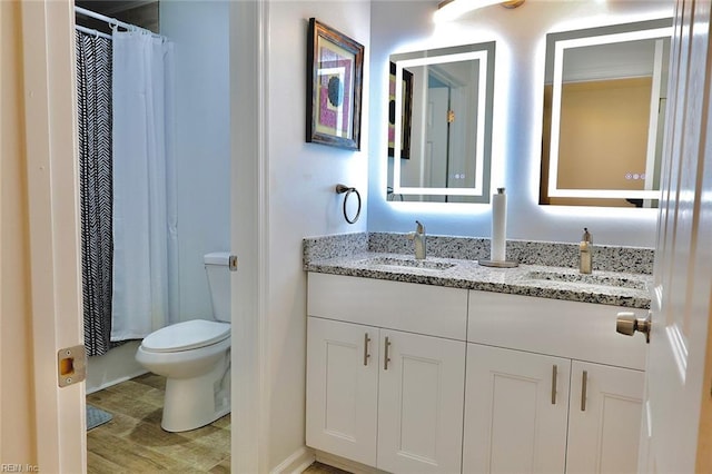 bathroom with vanity, toilet, and curtained shower