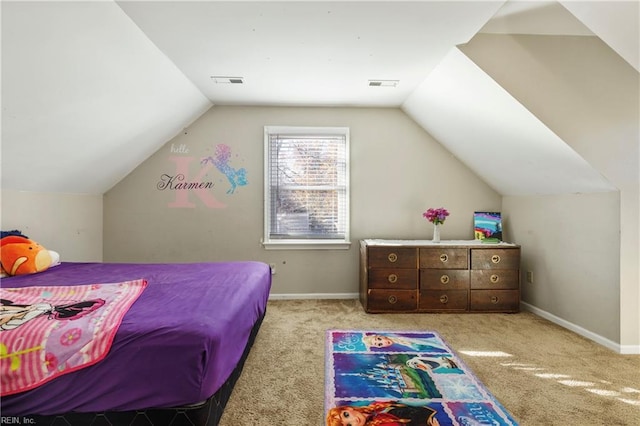 bedroom with light carpet and vaulted ceiling