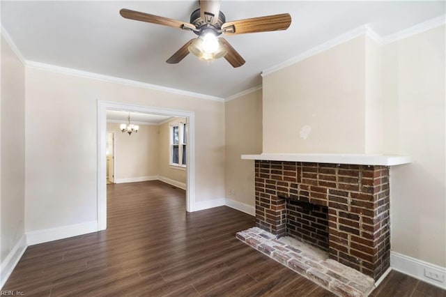 unfurnished living room with ceiling fan with notable chandelier, dark hardwood / wood-style floors, and crown molding