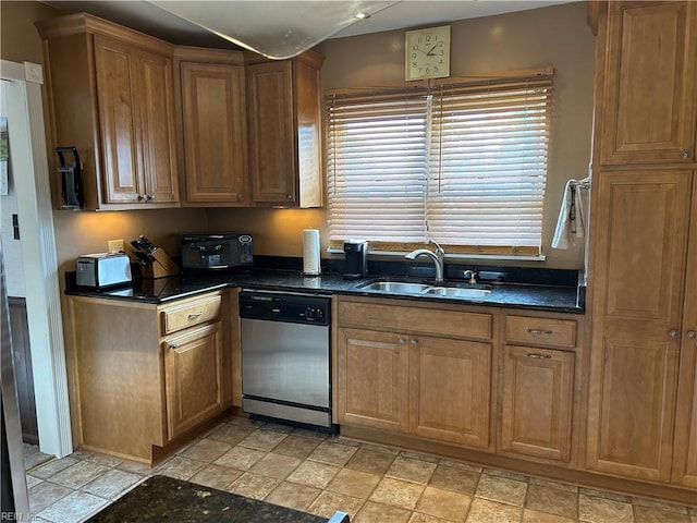 kitchen with dark stone countertops, dishwasher, and sink