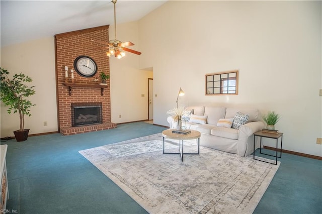 living room featuring carpet flooring, high vaulted ceiling, a fireplace, and ceiling fan