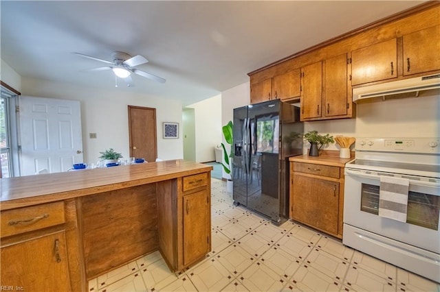 kitchen with white electric range oven, black refrigerator with ice dispenser, plenty of natural light, and ceiling fan