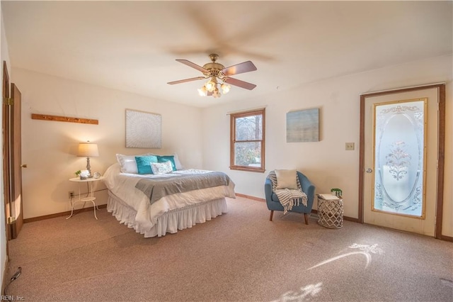 bedroom with ceiling fan and carpet