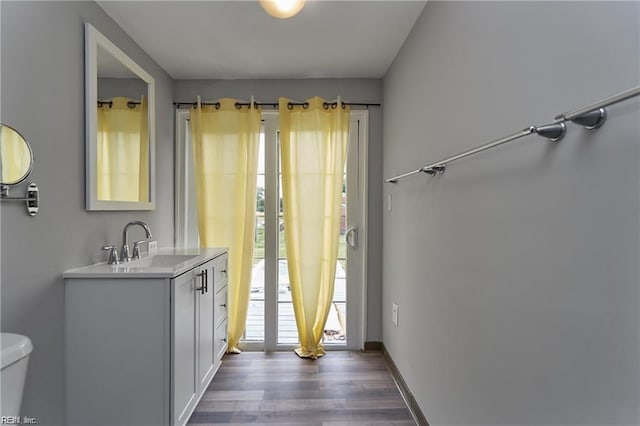 bathroom with vanity, toilet, and wood-type flooring