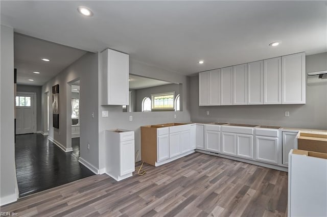 kitchen with white cabinets and wood-type flooring