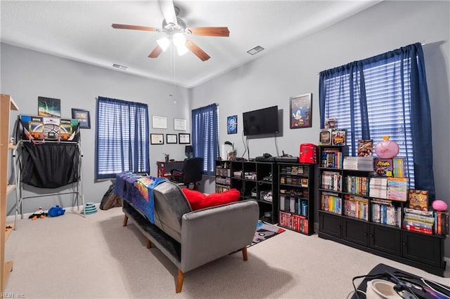 bedroom with carpet flooring and ceiling fan