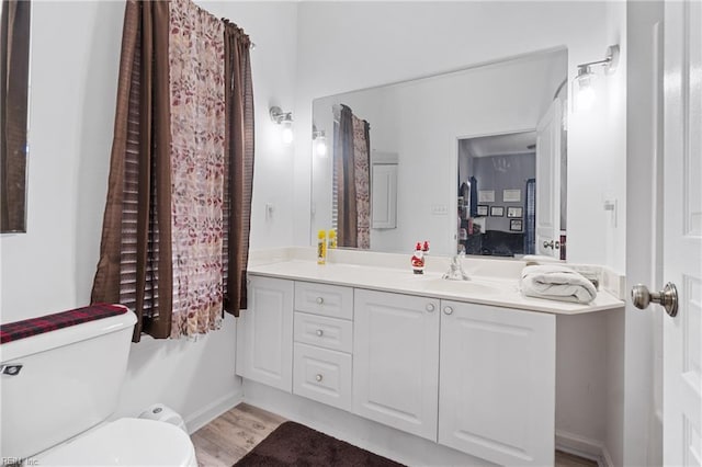 bathroom featuring vanity, toilet, and wood-type flooring