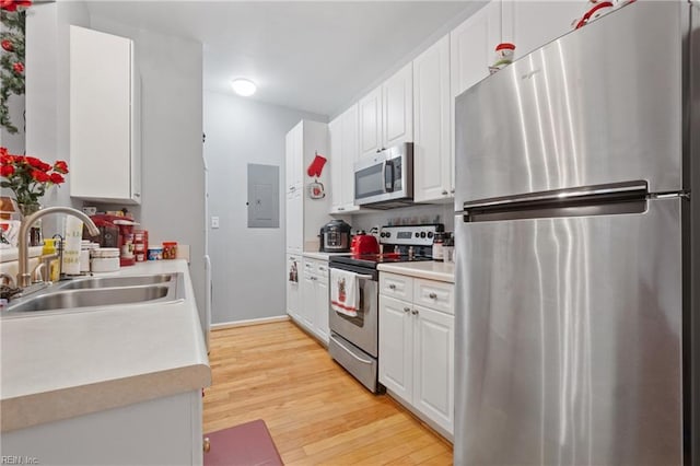 kitchen with white cabinetry, sink, electric panel, light hardwood / wood-style floors, and appliances with stainless steel finishes