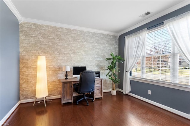 home office with dark hardwood / wood-style floors, crown molding, and a wealth of natural light