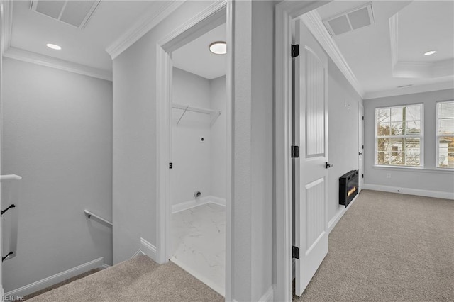 hall with light colored carpet and crown molding