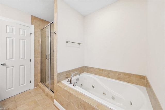 bathroom featuring shower with separate bathtub and tile patterned floors