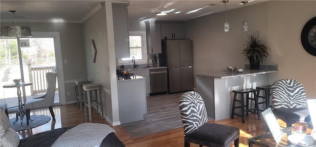 kitchen featuring kitchen peninsula, stainless steel appliances, hanging light fixtures, and dark hardwood / wood-style floors