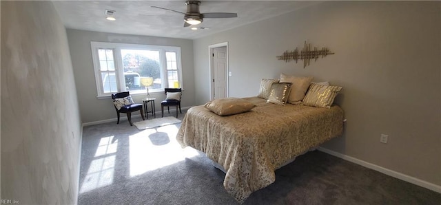 bedroom featuring dark carpet and ceiling fan