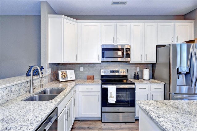 kitchen featuring decorative backsplash, light wood-type flooring, stainless steel appliances, sink, and white cabinets