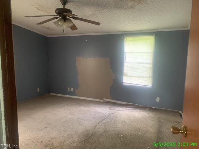 105 Chambliss Rd, Emporia, VA 23847 - empty room featuring ornamental molding, a ceiling fan, carpet, a textured ceiling, and baseboards