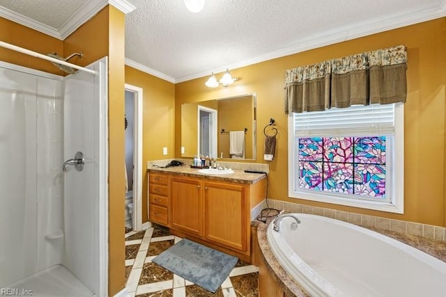 full bathroom with vanity, plus walk in shower, crown molding, toilet, and a textured ceiling