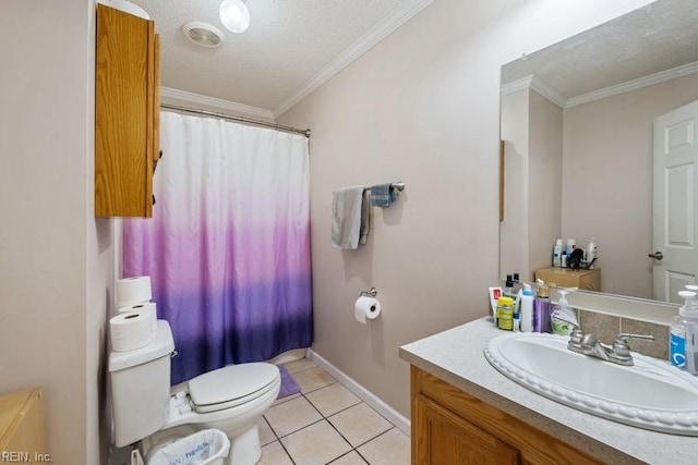 bathroom with vanity, crown molding, tile patterned flooring, toilet, and a textured ceiling