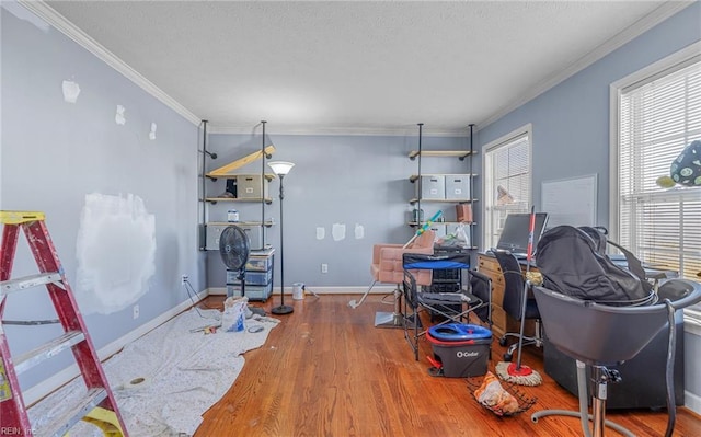 interior space with hardwood / wood-style floors and ornamental molding