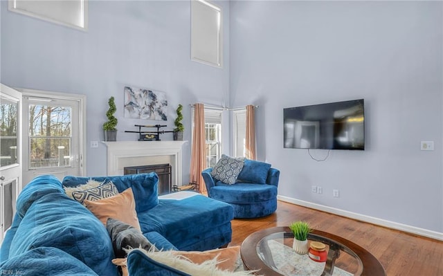 living room with hardwood / wood-style flooring and a towering ceiling