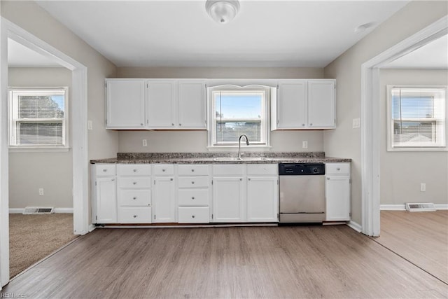 kitchen with white cabinets, stainless steel dishwasher, and sink