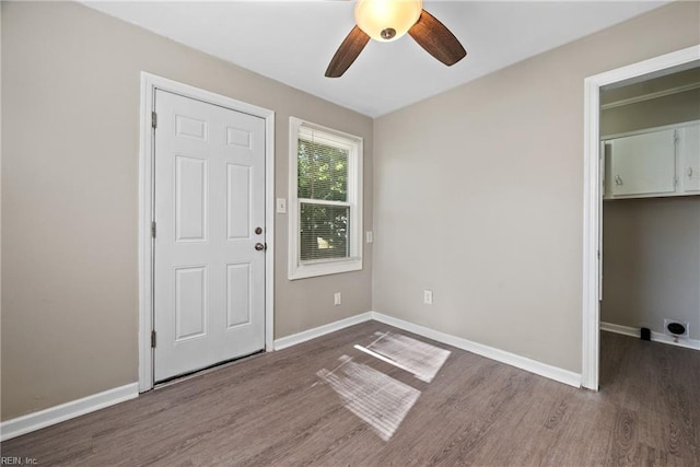 interior space with ceiling fan, a closet, dark wood-type flooring, and a spacious closet