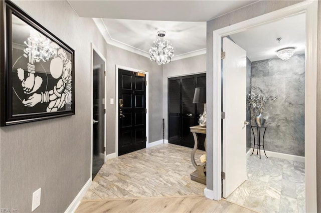 bathroom with crown molding, an inviting chandelier, and hardwood / wood-style flooring