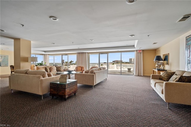 carpeted living room with a tray ceiling and a wealth of natural light