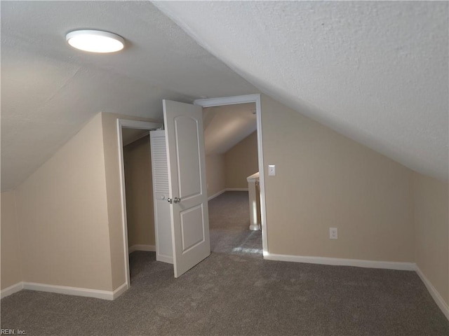 additional living space with dark carpet, a textured ceiling, and vaulted ceiling