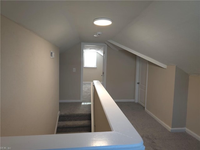 stairs with carpet flooring and vaulted ceiling