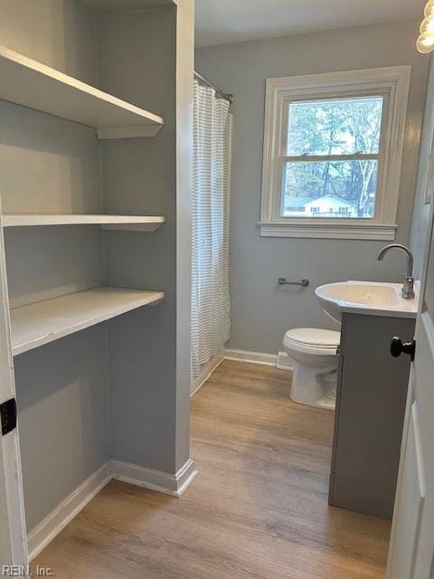 bathroom featuring hardwood / wood-style floors, vanity, and toilet