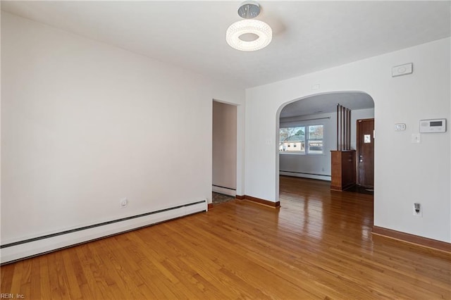 empty room featuring wood-type flooring and baseboard heating